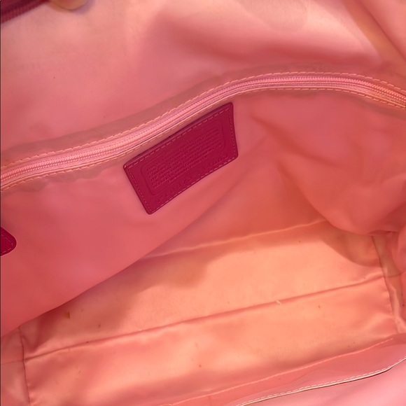 Coach Pink and Tan Patent Leather Shoulder Bag with Signature Pattern - Picture 5 of 9